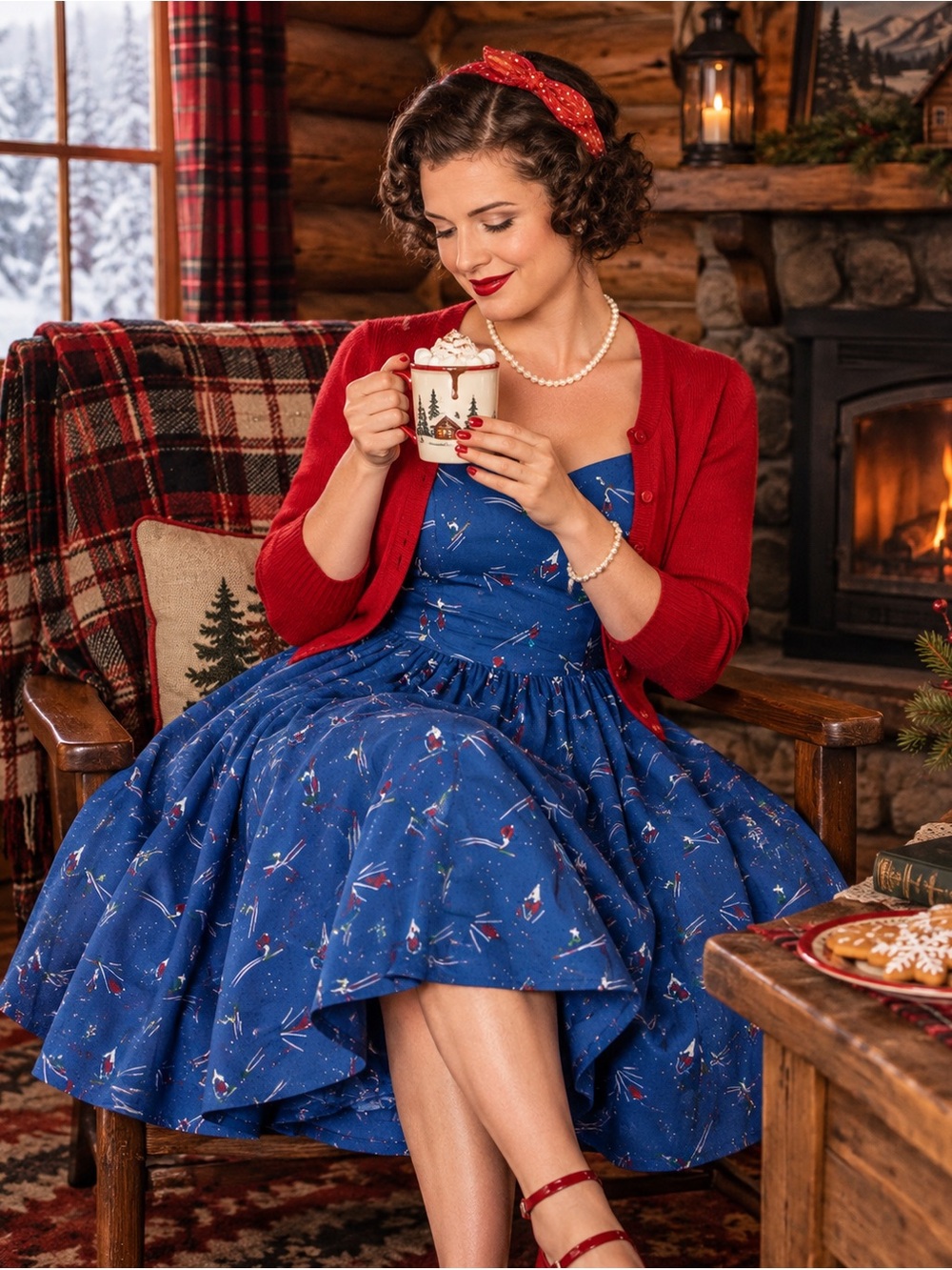 Ski Print Fit & Flare Sweet Heart Neckline Dress Banned Retro